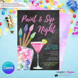 Paint & Sip Invitation, Girls Night Painting Wine Party Invite, Chalkboard, Printable, Instant Download, Digital File, Edit in Canva