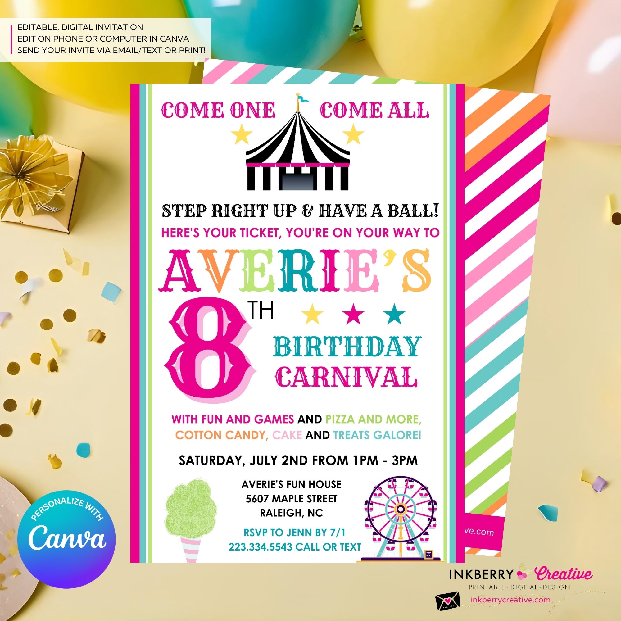 Carnival Theme Birthday Invitation for Girls - Editable in Canva