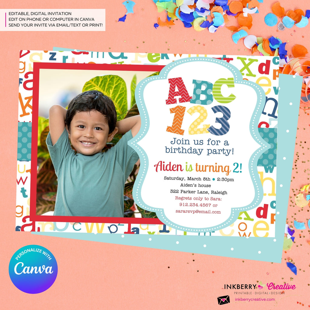 Alphabet Birthday Party Photo Invitation - Printable, Instant Download, Personalize and Edit in Canva