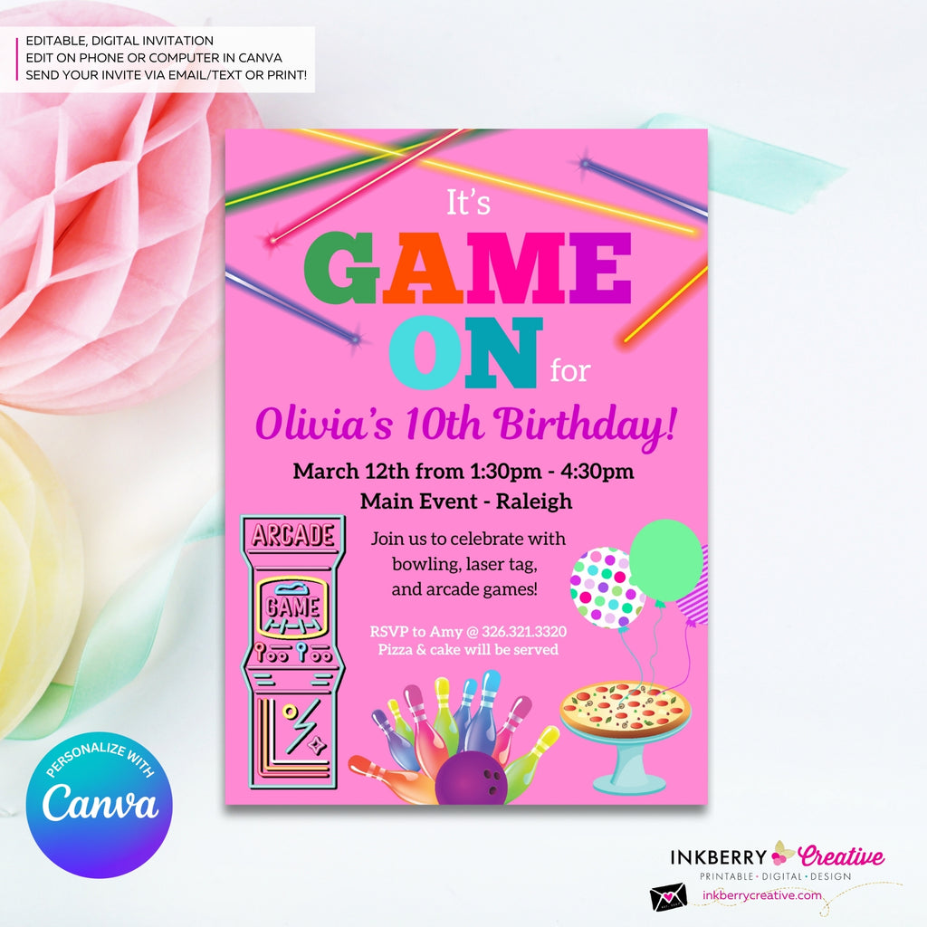 Game On Girls Pink Arcade, Pizza, Bowling Birthday Party Digital, Printable Invitation - Edit in Canva