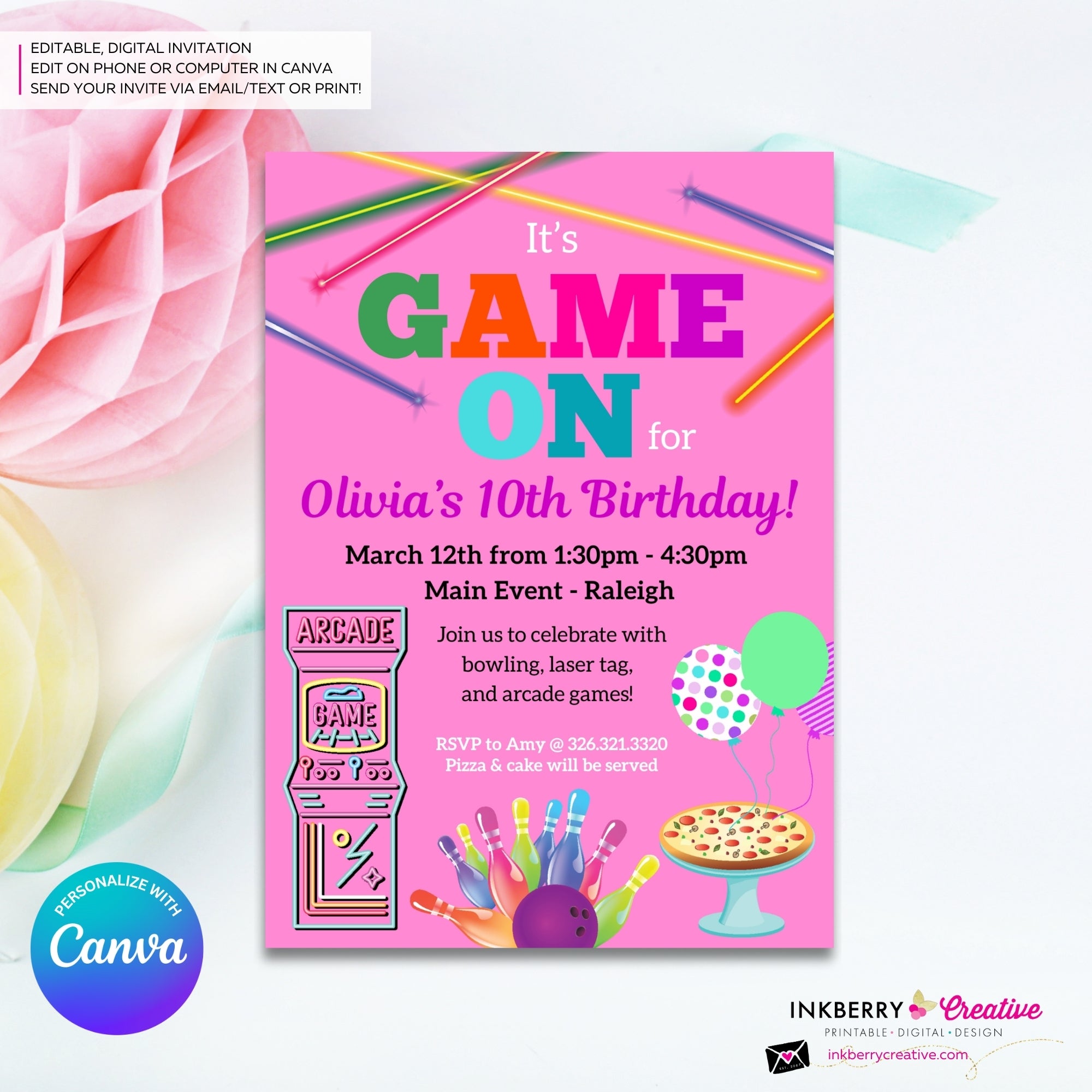 Game On Girls Pink Arcade, Pizza, Bowling Birthday Party Digital, Printable Invitation - Edit in Canva