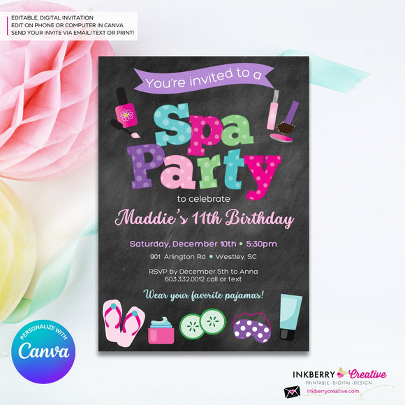 Spa Birthday Party Invitation - CHALK - Printable, Instant Download, Edit in Canva