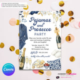 Pajamas and Prosecco Party Invitation (Navy Blue) - Editable in Canva