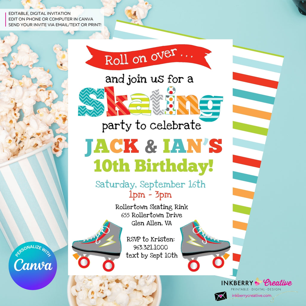 Editable Roller Skating Birthday Party Invitation - Twin Boys Roller Skate Party Invite, Skating Rink Invite, Edit in Canva