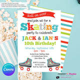 Editable Roller Skating Birthday Party Invitation - Twin Boys Roller Skate Party Invite, Skating Rink Invite, Edit in Canva
