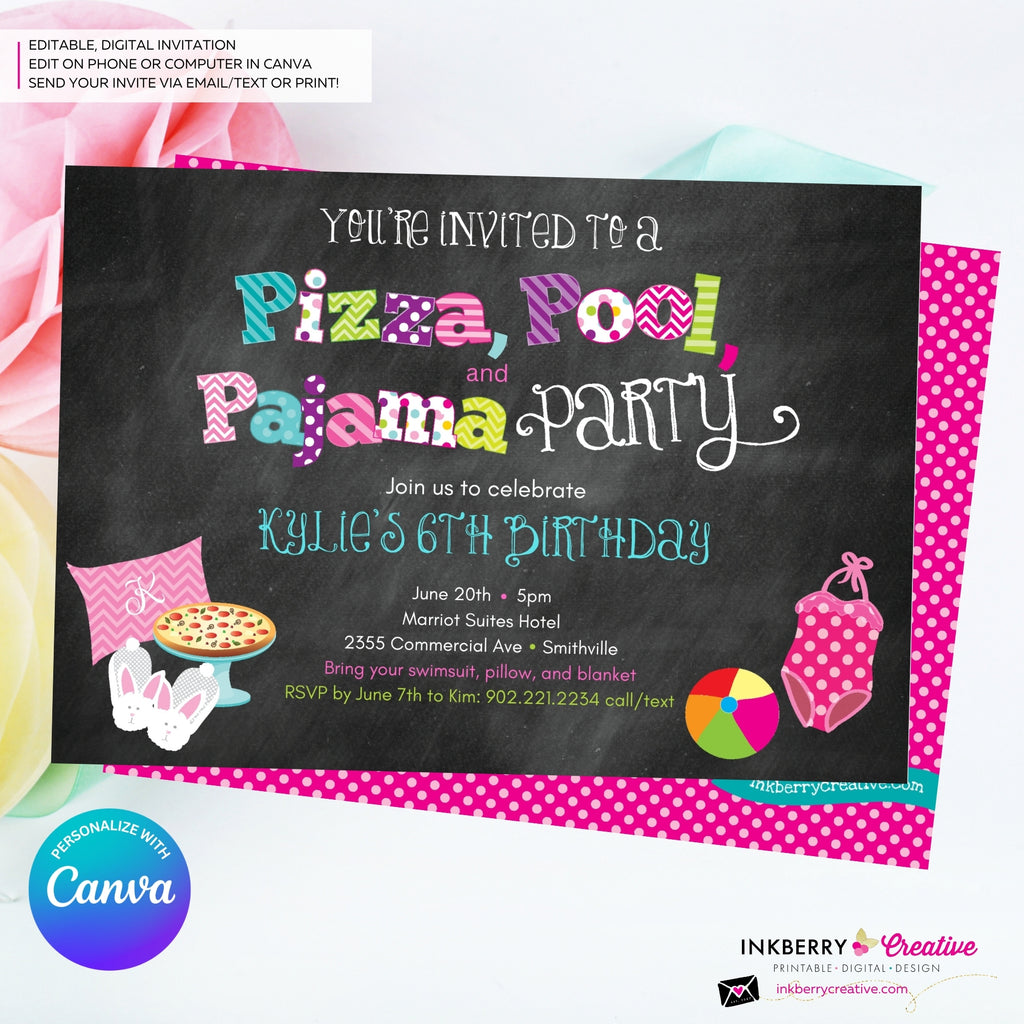 Pizza, Pool, and Pajama Birthday Party Invitation - Chalkboard Style - Personalize and Edit in Canva