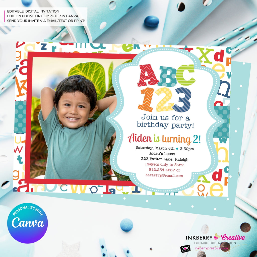 Alphabet Birthday Party Photo Invitation - Printable, Instant Download, Personalize and Edit in Canva