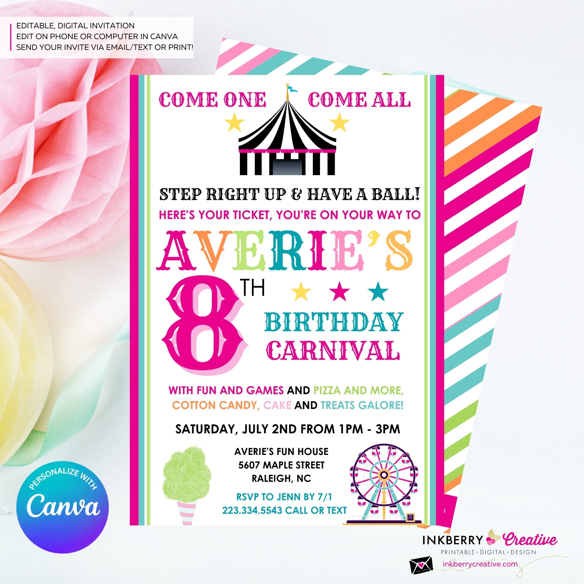 Carnival Theme Birthday Invitation for Girls - Editable in Canva