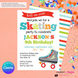 Editable Roller Skating Birthday Party Invitation - Boys Roller Skate Party Invite, Roller Skating Rink Invite, Edit in Canva