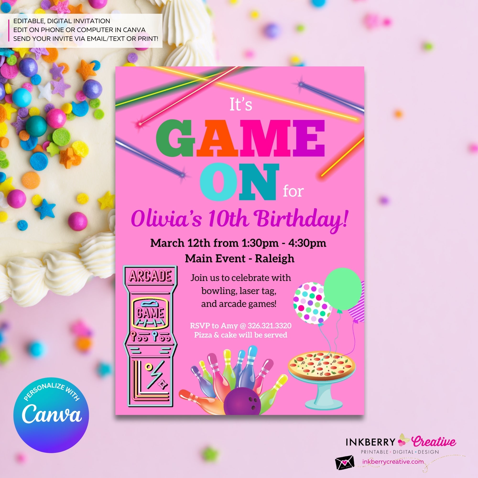 Game On Girls Pink Arcade, Pizza, Bowling Birthday Party Digital, Printable Invitation - Edit in Canva
