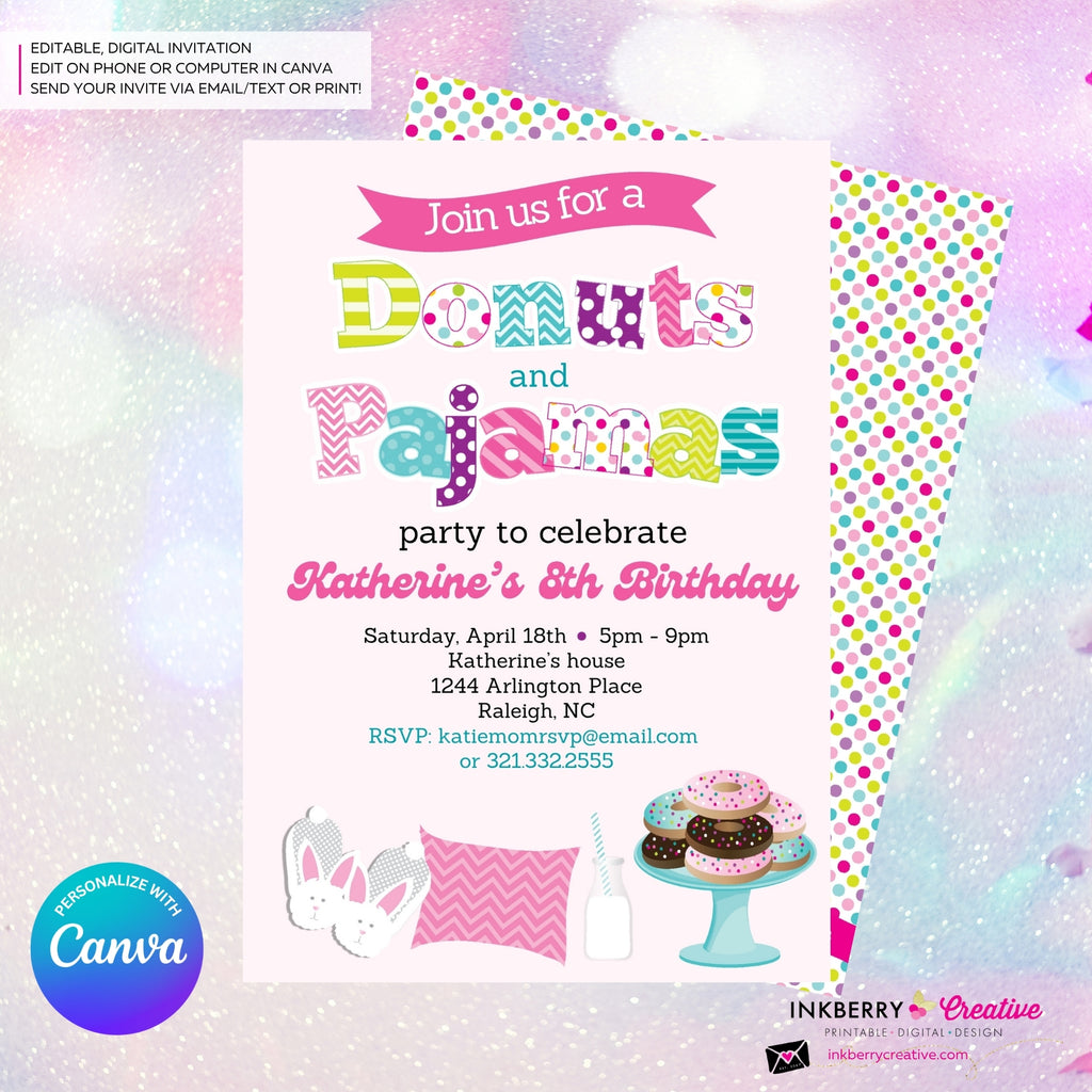 Donuts and Pajamas Party Invitation - Kids Donut Breakfast Pajama Birthday Party Invite - Edit in Canva