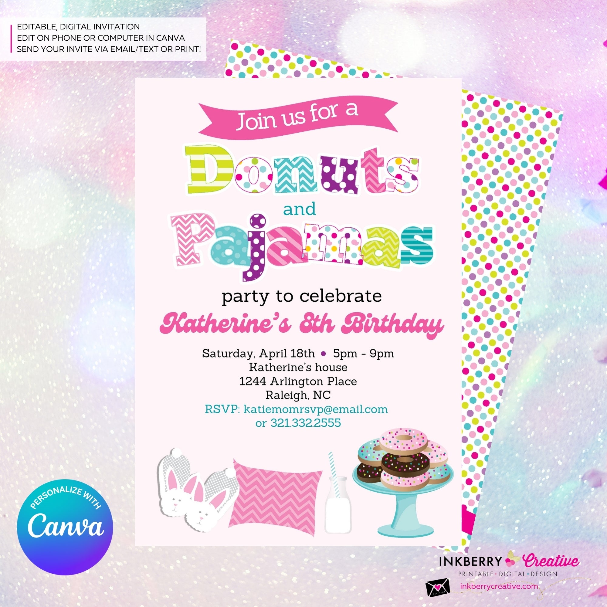 Donuts and Pajamas Party Invitation - Kids Donut Breakfast Pajama Birthday Party Invite - Edit in Canva