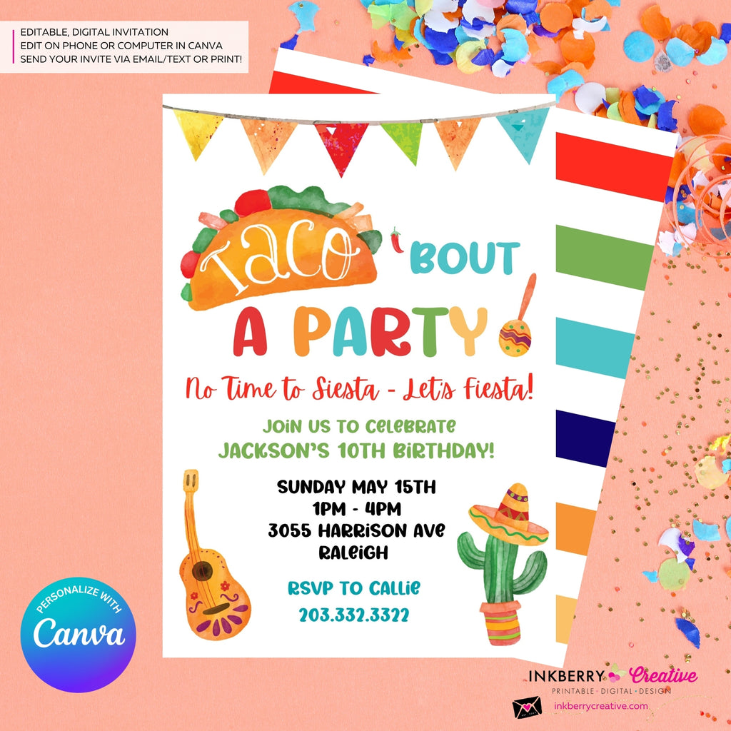 Taco Bout a Party Invitation (WHITE) Mexican Fiesta, Canva Template (Digital Printable File)