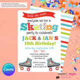 Editable Roller Skating Birthday Party Invitation - Twin Boys Roller Skate Party Invite, Skating Rink Invite, Edit in Canva
