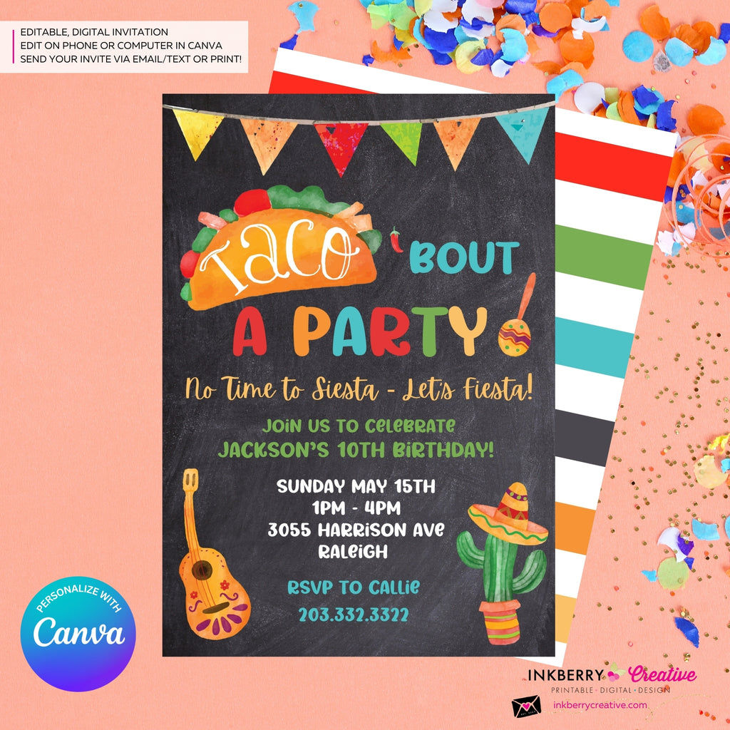 Taco Bout a Party Invitation (CHALK) Mexican Fiesta, Canva Template (Digital Printable File)