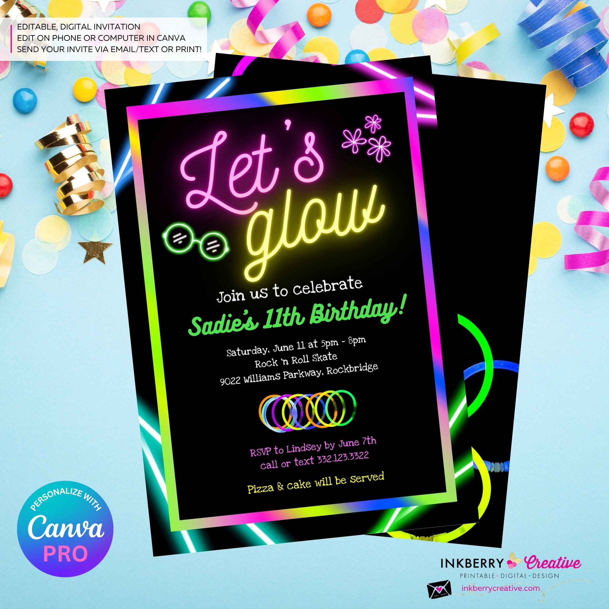 Neon Glow Party Invitation - Let's Glow Party Invite, Glow in the Dark, Roller Skate, Printable, Instant Download, Edit in CANVA PRO
