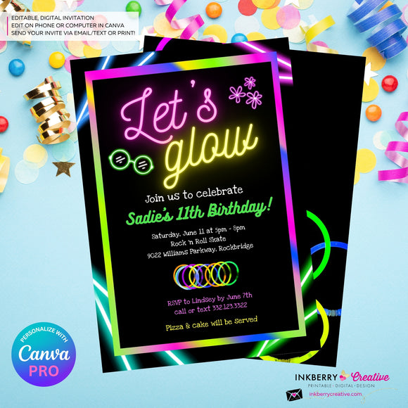 Neon Glow Party Invitation - Let's Glow Party Invite, Glow in the Dark, Roller Skate, Printable, Instant Download, Edit in CANVA PRO