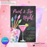 Paint & Sip Invitation, Girls Night Painting Wine Party Invite, Chalkboard, Printable, Instant Download, Digital File, Edit in Canva