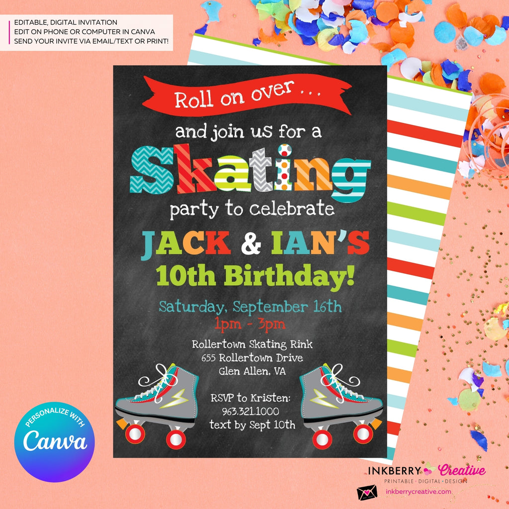 Editable Roller Skating Birthday Party Invitation - Twin Boys Roller Skate Party Invite, Chalkboard, Skating Rink Invite, Edit in Canva