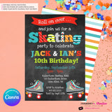 Editable Roller Skating Birthday Party Invitation - Twin Boys Roller Skate Party Invite, Chalkboard, Skating Rink Invite, Edit in Canva