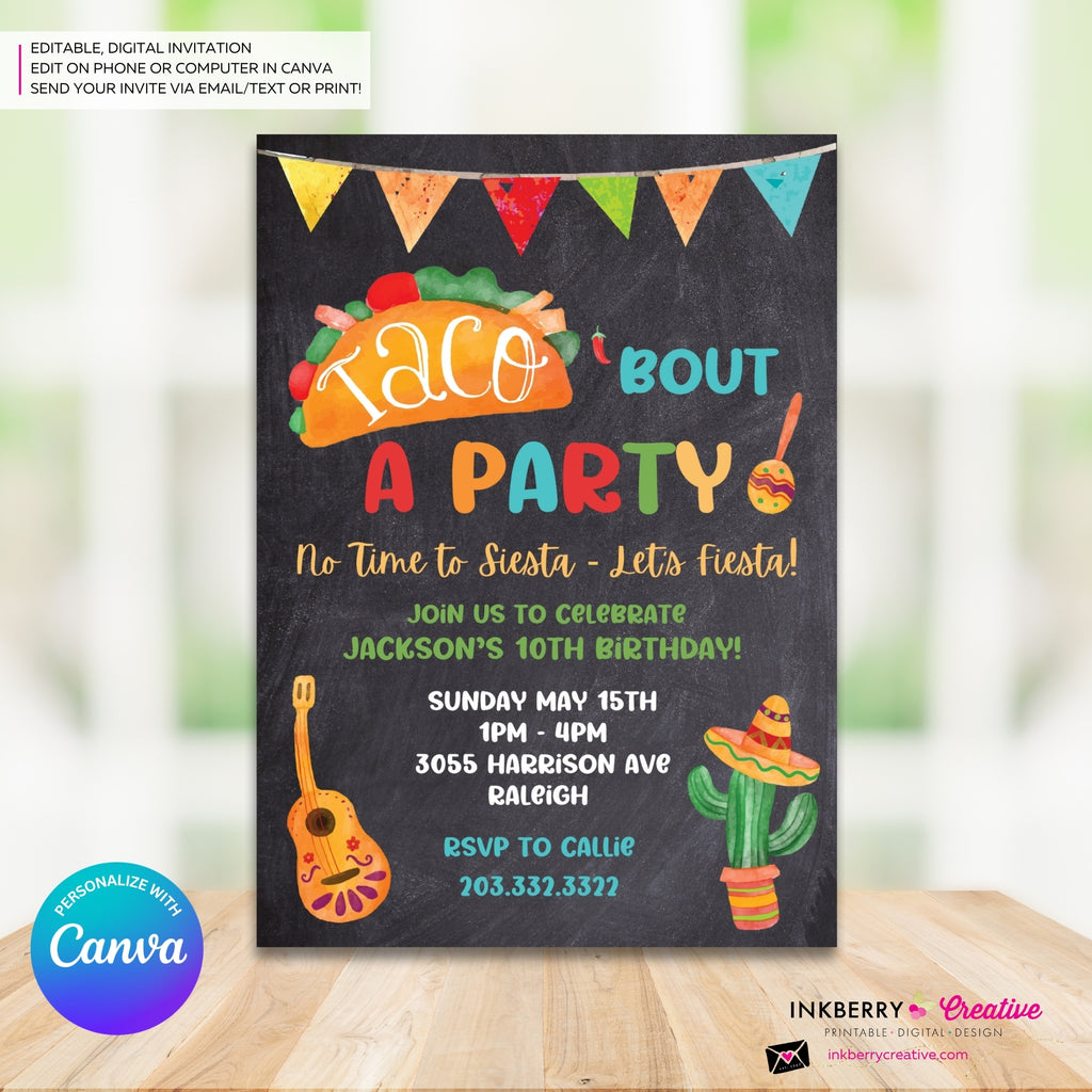 Taco Bout a Party Invitation (CHALK) Mexican Fiesta, Canva Template (Digital Printable File)