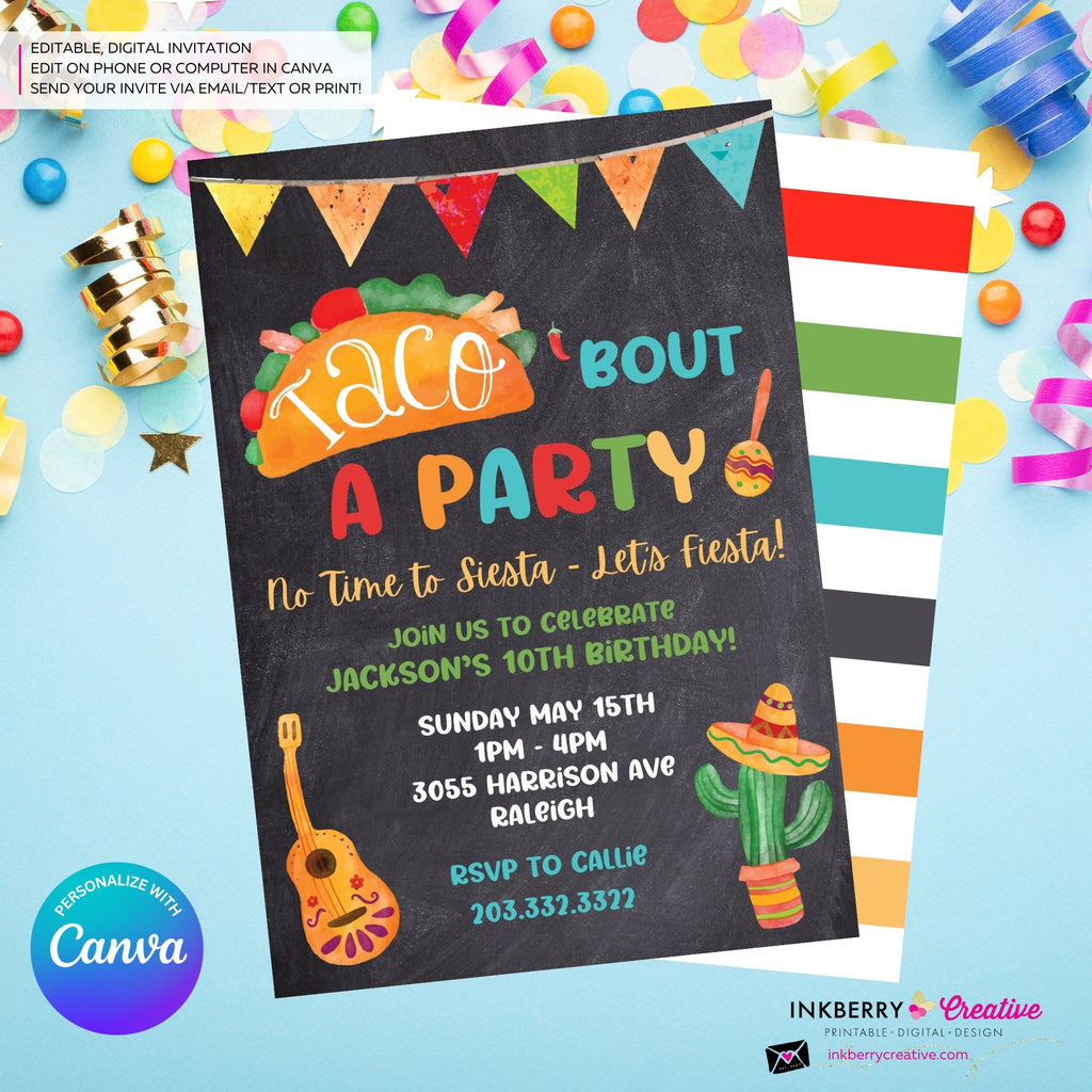 Taco Bout a Party Invitation (CHALK) Mexican Fiesta, Canva Template (Digital Printable File)