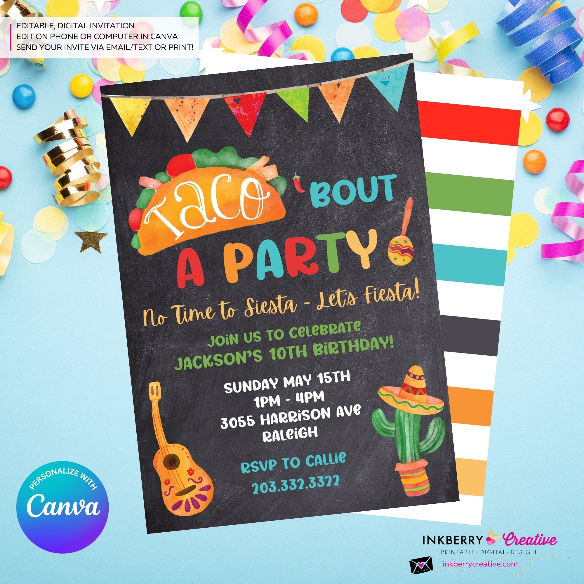 Taco Bout a Party Invitation (CHALK) Mexican Fiesta, Canva Template (Digital Printable File)