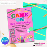 Game On Girls Pink Arcade, Pizza, Bowling Birthday Party Digital, Printable Invitation - Edit in Canva