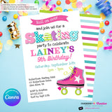 Editable Roller Skating Birthday Party Invitation - Girls Roller Skate Party Invite, Roller Skating Rink Invite, Edit in Canva