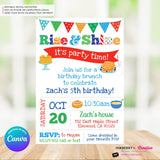 Rise and Shine Kids Birthday Breakfast Brunch Party Invitation (Boys), Pancakes, Bacon, Eggs, Waffles - Editable in Canva