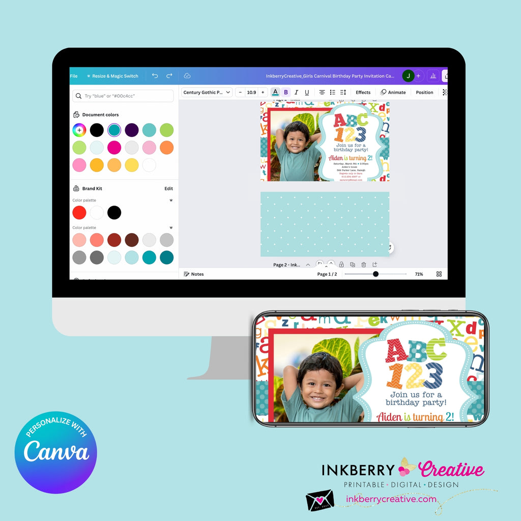 Alphabet Birthday Party Photo Invitation - Printable, Instant Download, Personalize and Edit in Canva