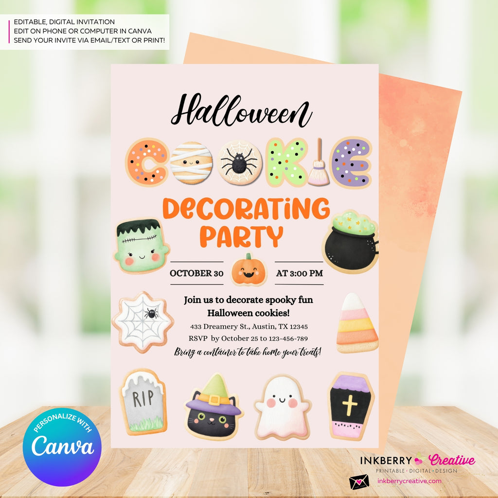 Halloween Cookie Decorating Party Invitation, Editable Canva Template, Watercolor, Halloween Cookie Swap Exchange, Editable Canva Invite