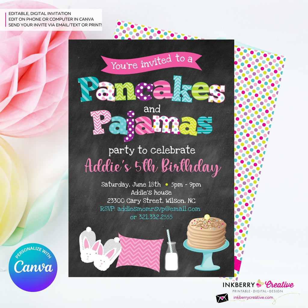 Pancakes and Pajamas Party Invitation (Chalkboard Style) - Kids Pancakes Pajama Birthday Party Invite - Edit in Canva