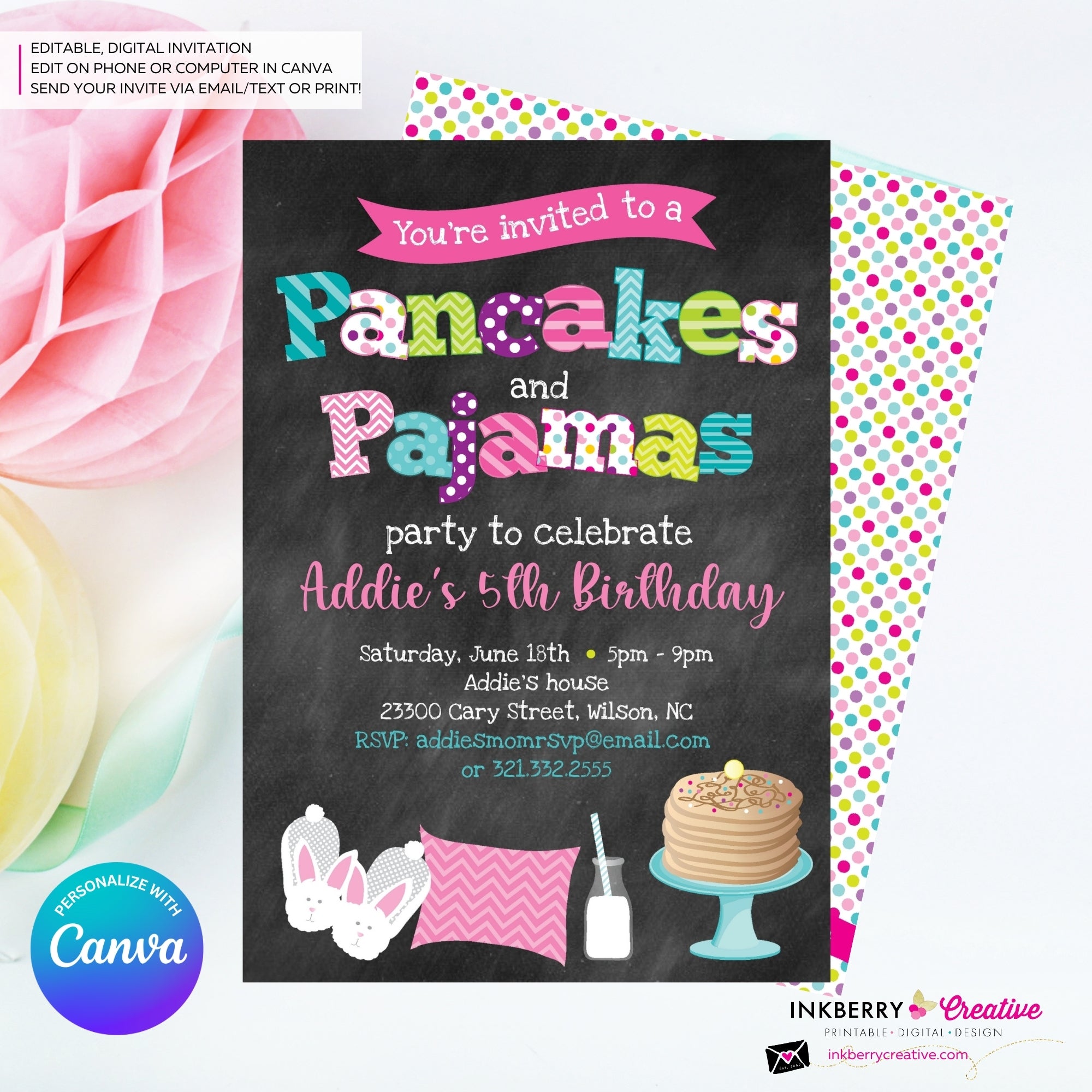 Pancakes and Pajamas Party Invitation (Chalkboard Style) - Kids Pancakes Pajama Birthday Party Invite - Edit in Canva