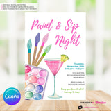 Paint & Sip Invitation, Girls Night Painting Wine Party Invite, Printable, Instant Download, Digital File, Edit in Canva