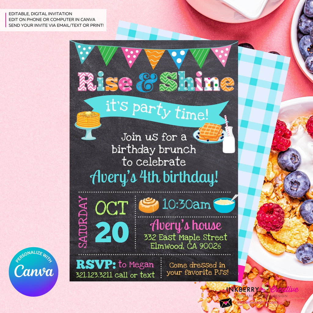 Rise and Shine Brunch Birthday Invitation (Chalkboard) - Editable in Canva