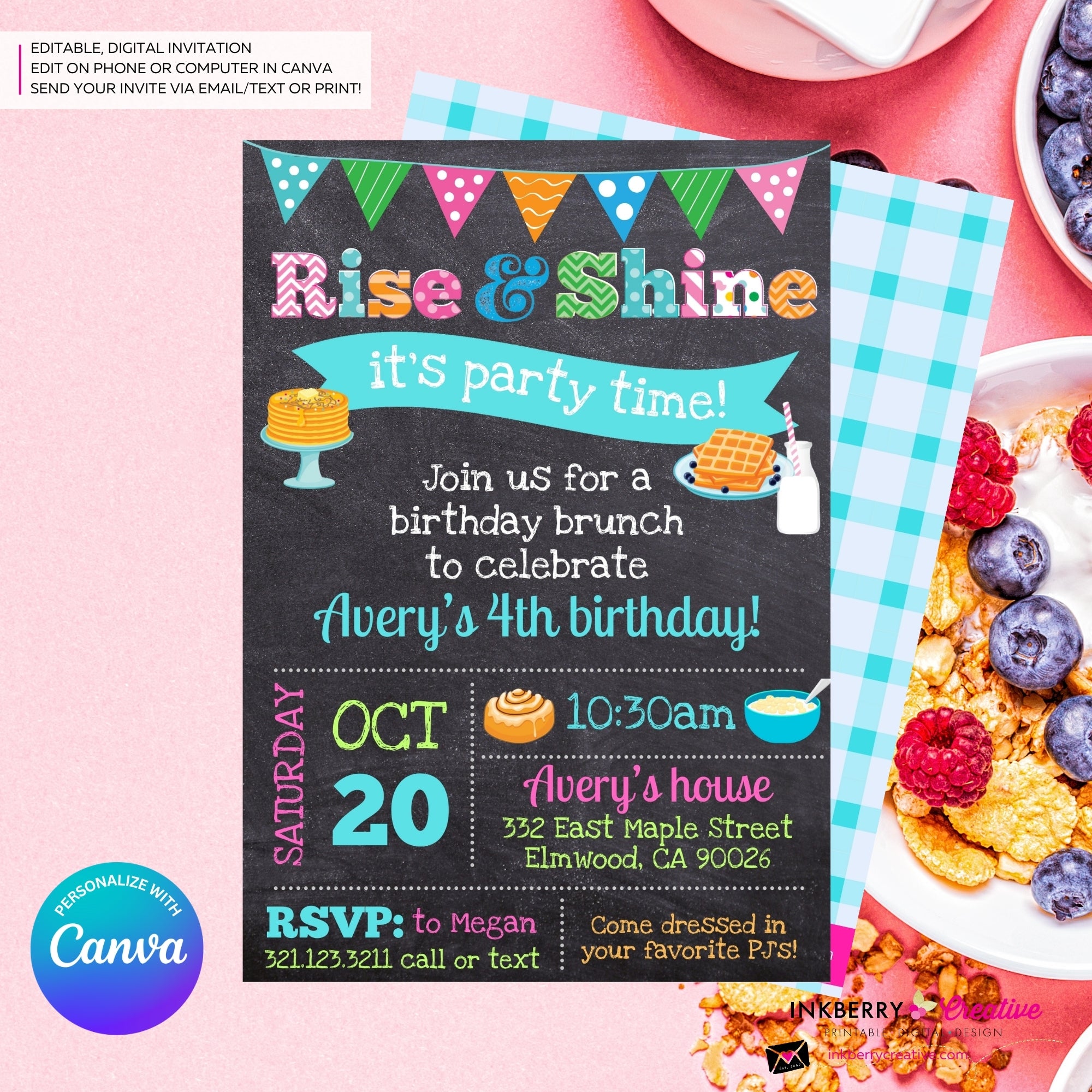 Rise and Shine Brunch Birthday Invitation (Chalkboard) - Editable in Canva