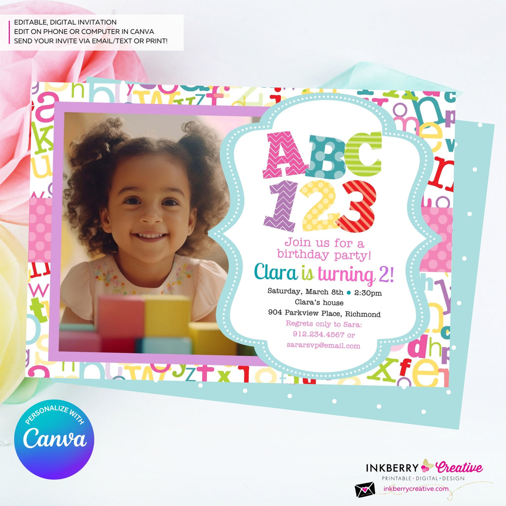 Alphabet Birthday Party Photo Invitation Girls - Alphabet Theme Party Invite - Girl ABC Birthday Party - Personalize and Edit in Canva