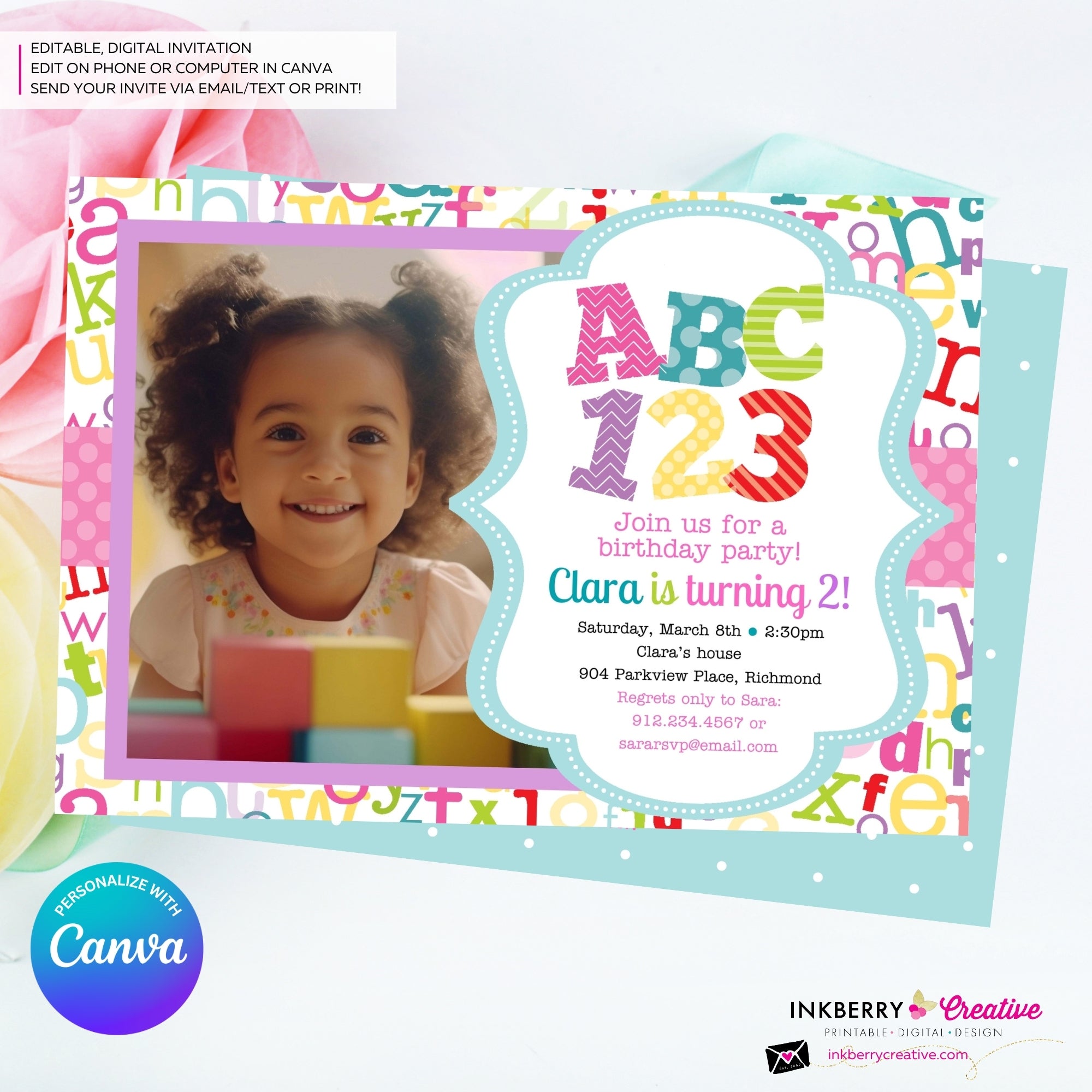 Alphabet Birthday Party Photo Invitation Girls - Alphabet Theme Party Invite - Girl ABC Birthday Party - Personalize and Edit in Canva
