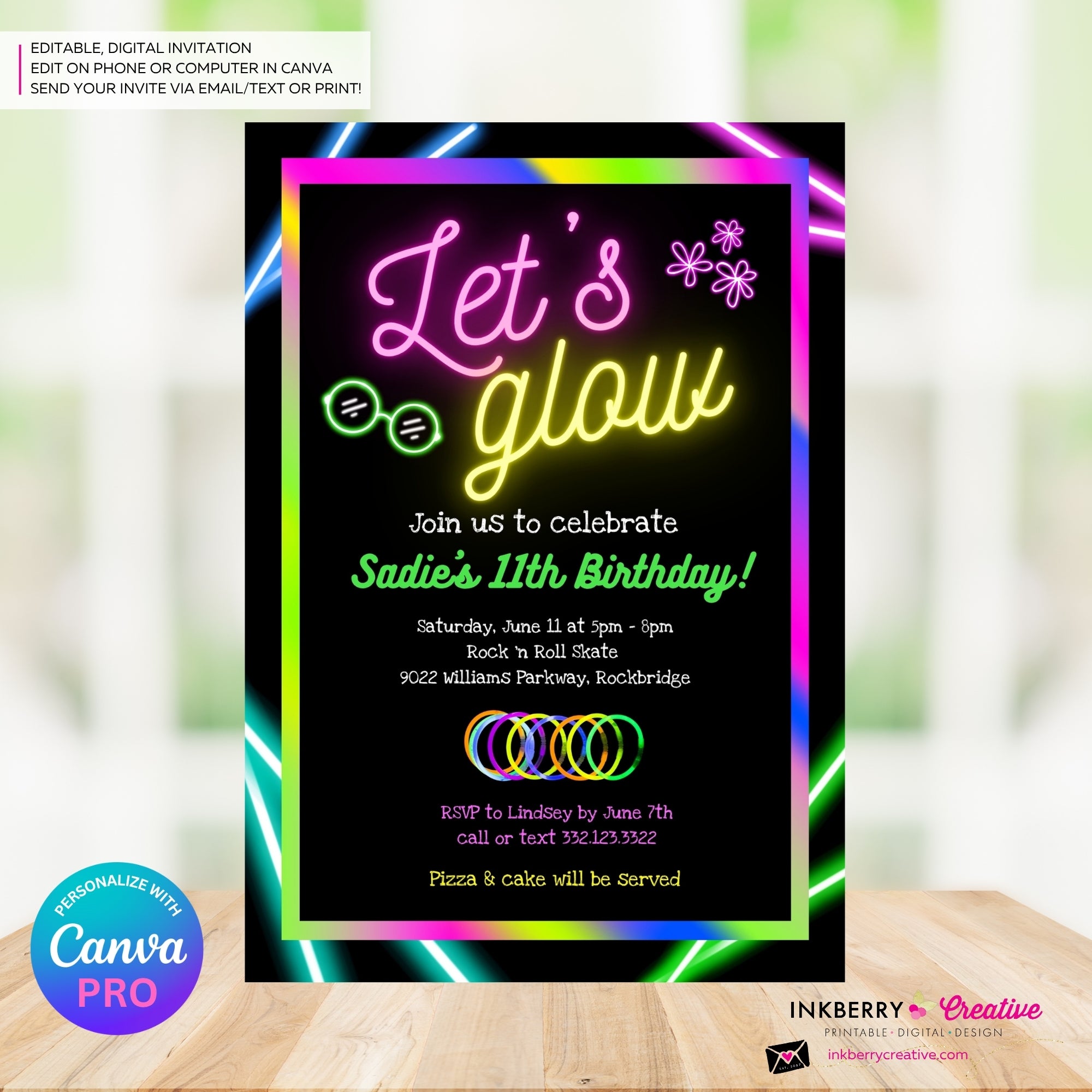 Neon Glow Party Invitation - Let's Glow Party Invite, Glow in the Dark, Roller Skate, Printable, Instant Download, Edit in CANVA PRO