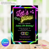 Neon Glow Party Invitation - Let's Glow Party Invite, Glow in the Dark, Roller Skate, Printable, Instant Download, Edit in CANVA PRO