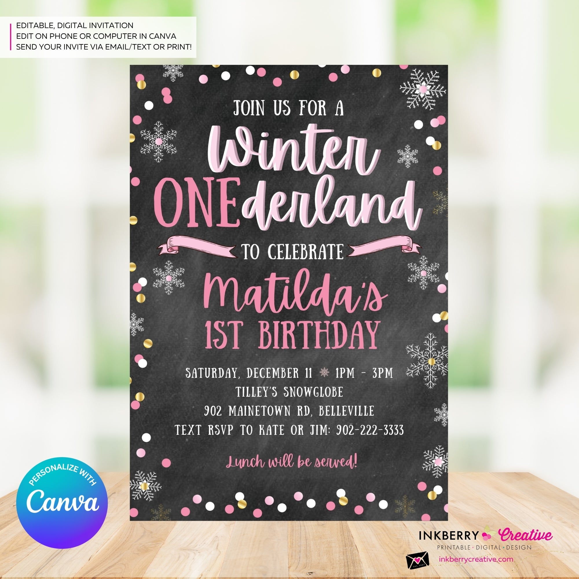 Whimsical Winter Wonderland 1st Birthday Invite - Snowflake Chalkboard Theme - ONEderland - Pink Gold, Personalize and Edit in Canva