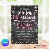 Whimsical Winter Wonderland 1st Birthday Invite - Snowflake Chalkboard Theme - ONEderland - Pink Gold, Personalize and Edit in Canva