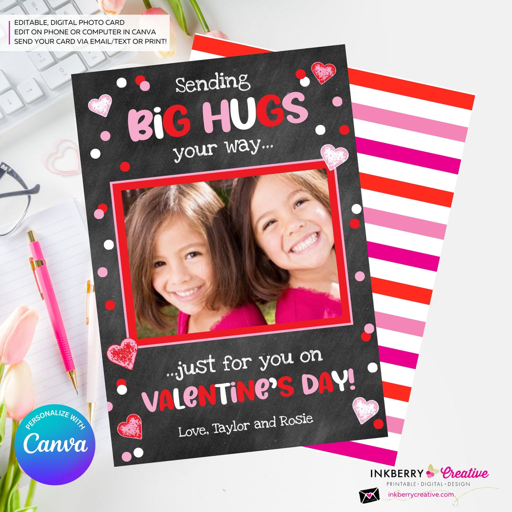 Big Hugs Chalkboard Style - Valentine's Day Photo Card - Personalize and Edit in Canva