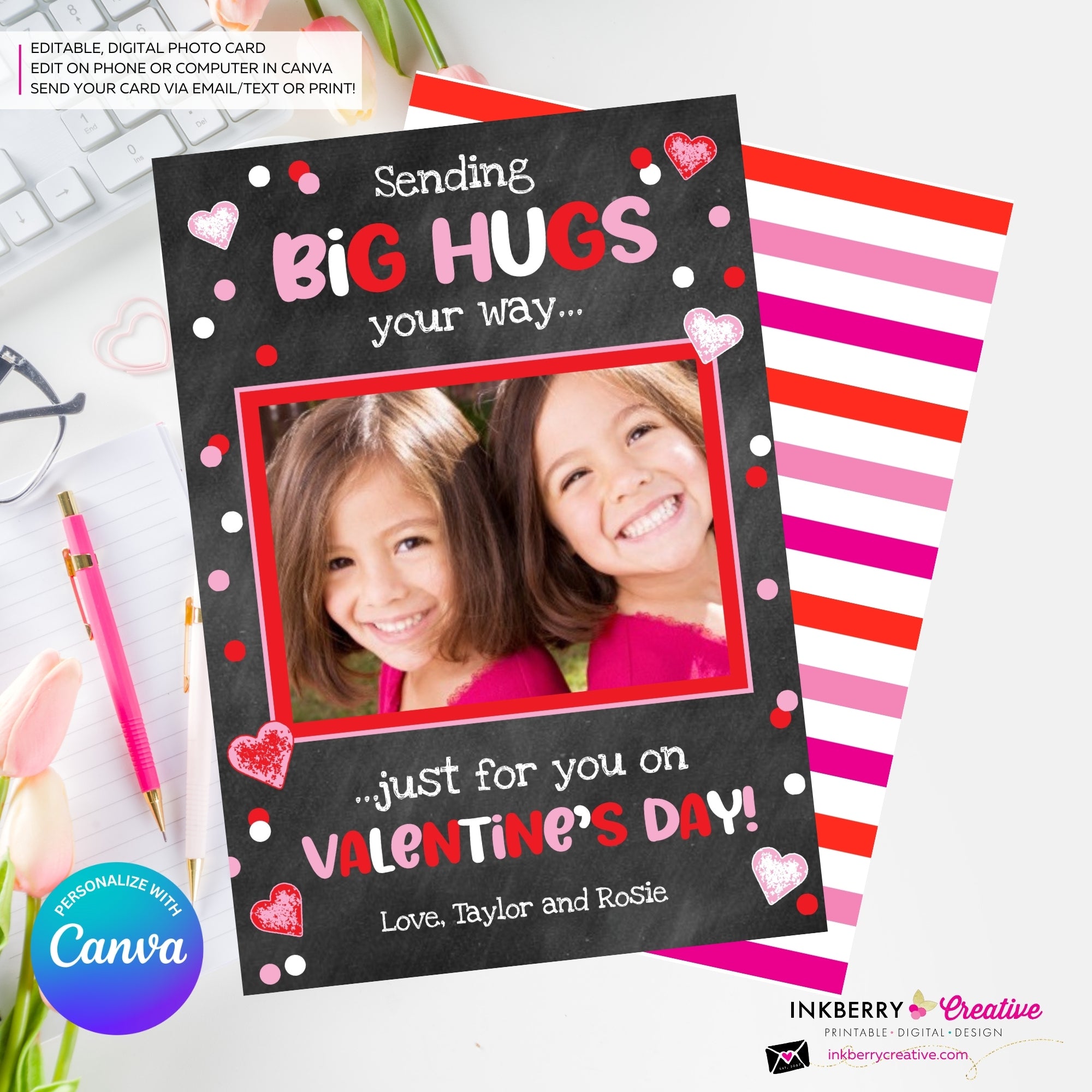 Big Hugs Chalkboard Style - Valentine's Day Photo Card - Personalize and Edit in Canva