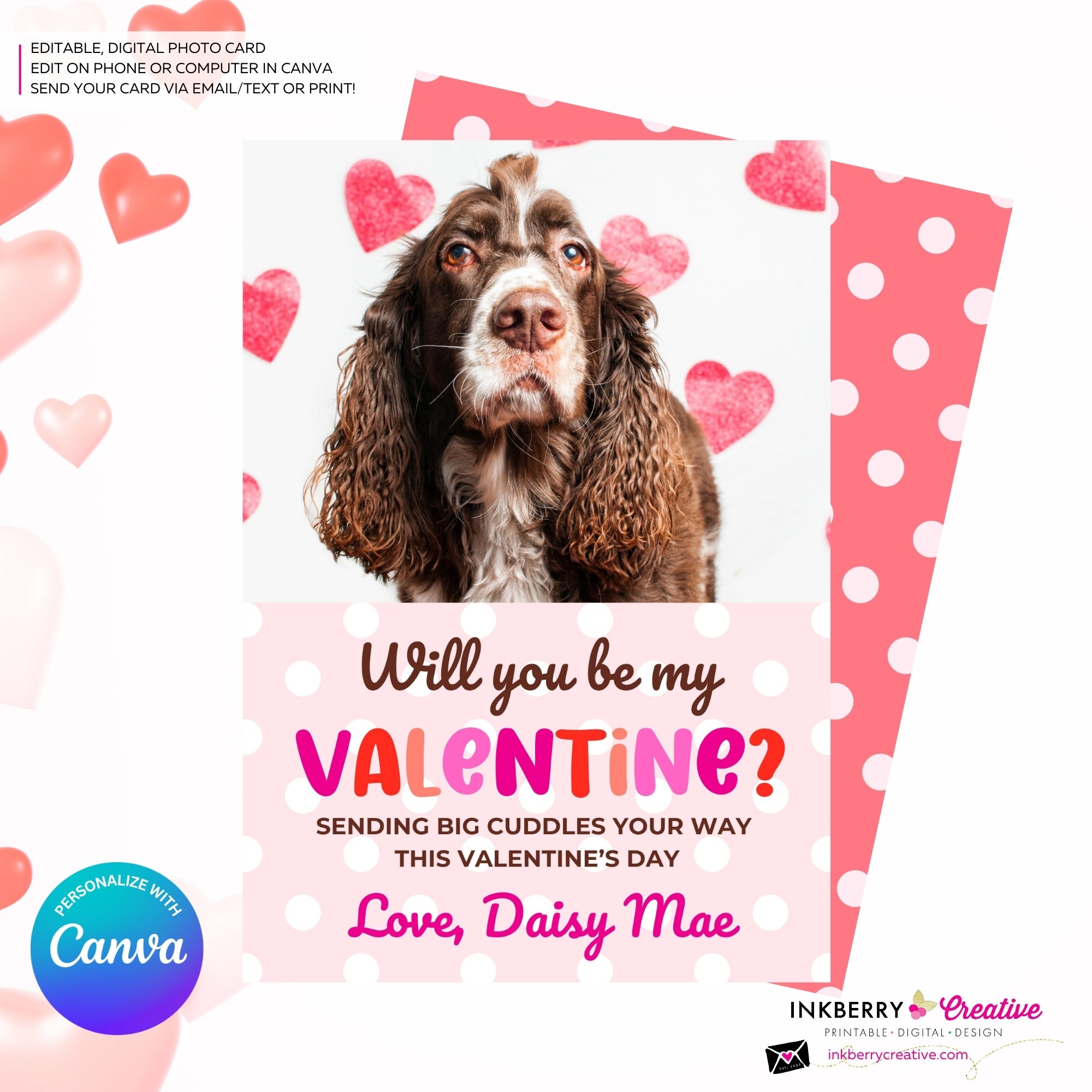 Pink Polka Dot Be Mine - Valentine's Day Photo Card - Personalize and Edit in Canva