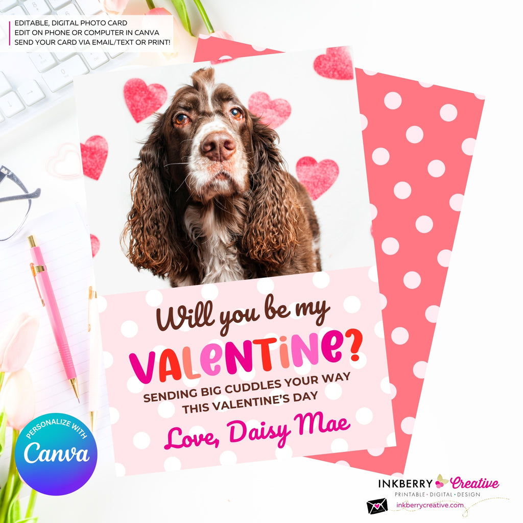 Pink Polka Dot Be Mine - Valentine's Day Photo Card - Personalize and Edit in Canva