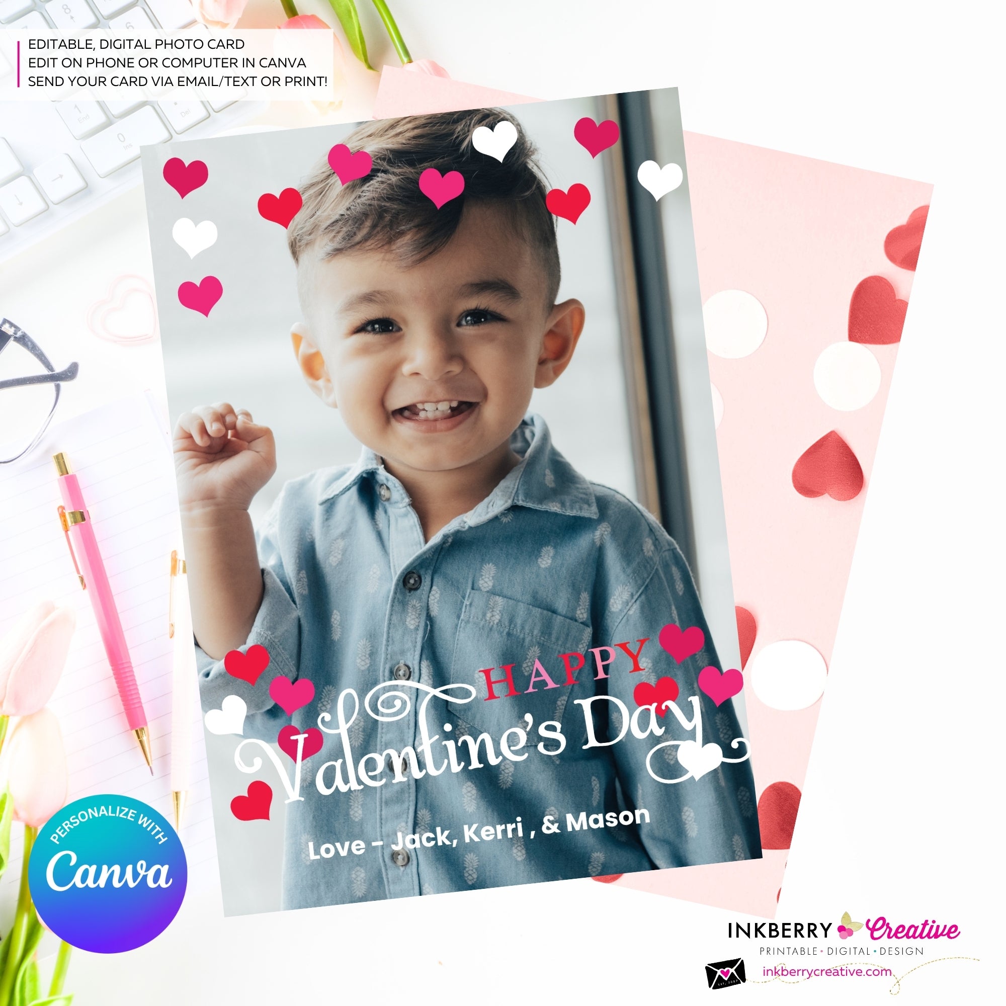Valentine's Day Hearts Overlay Photo Card - Personalize and Edit in Canva