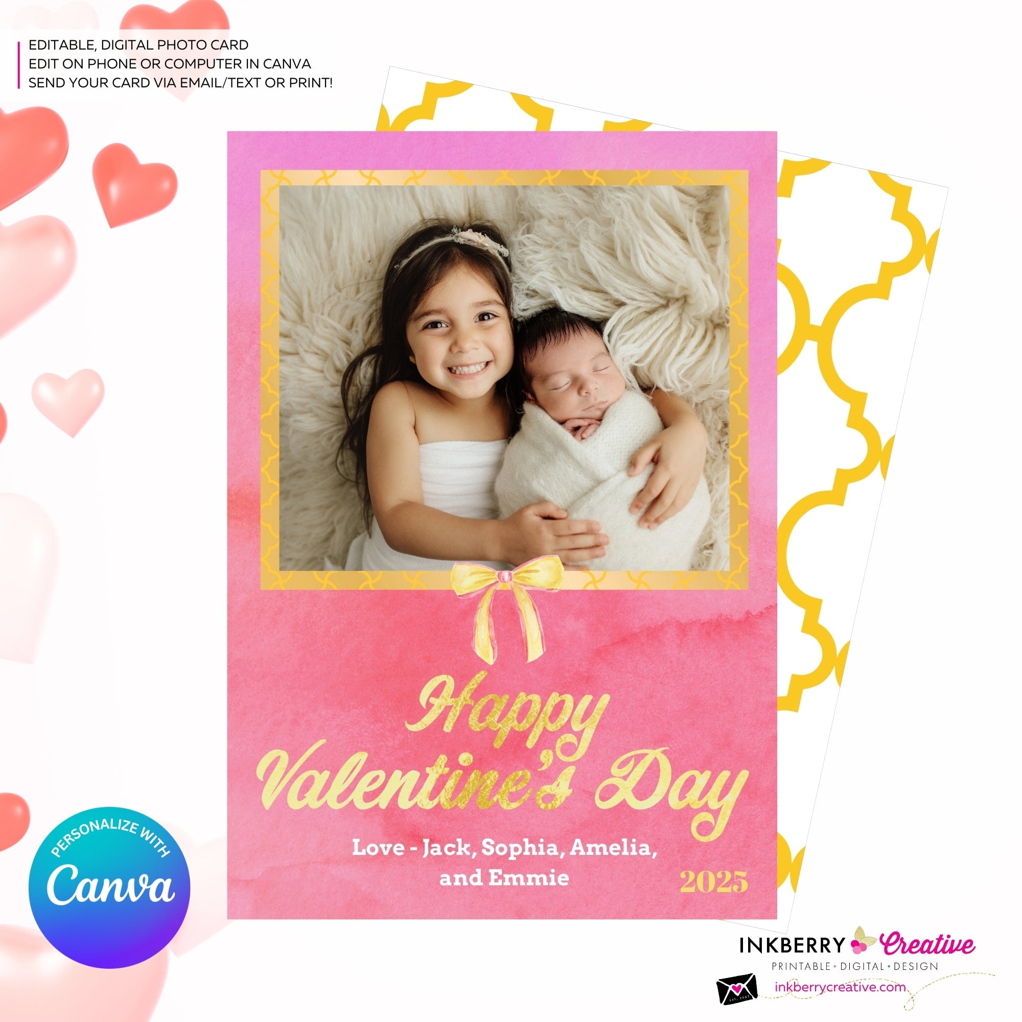 Pink and Gold Bow Valentine's Day Photo Card - Personalize and Edit in Canva