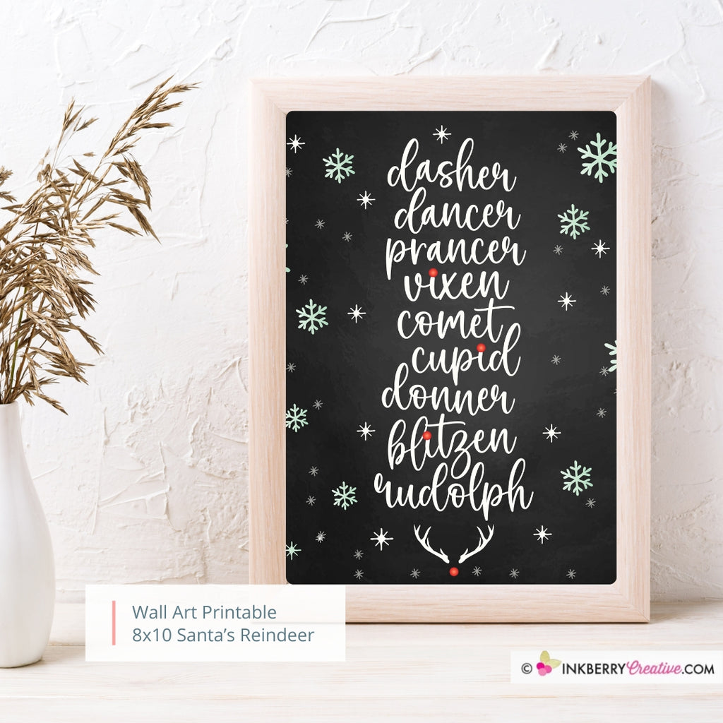 Santa's Reindeer Names Christmas 8x10 Sign (Chalkboard), JPEG, Instant Download, Digital File